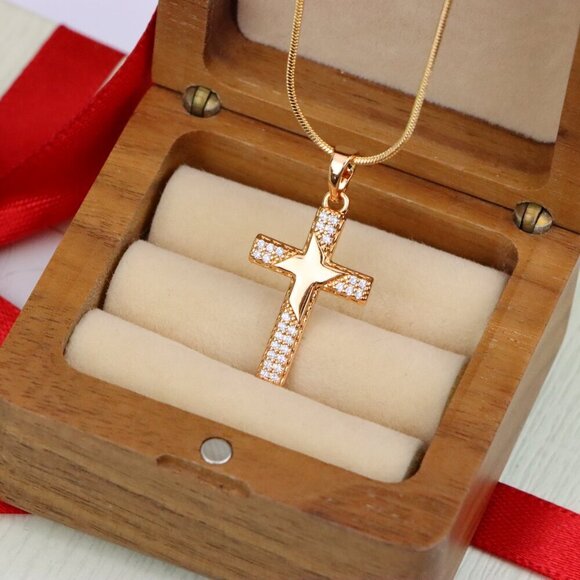 "Rose Gold Cross Pendant with Star Design and Sparkling Accents, XPPT1748 - Picture 7 of 13